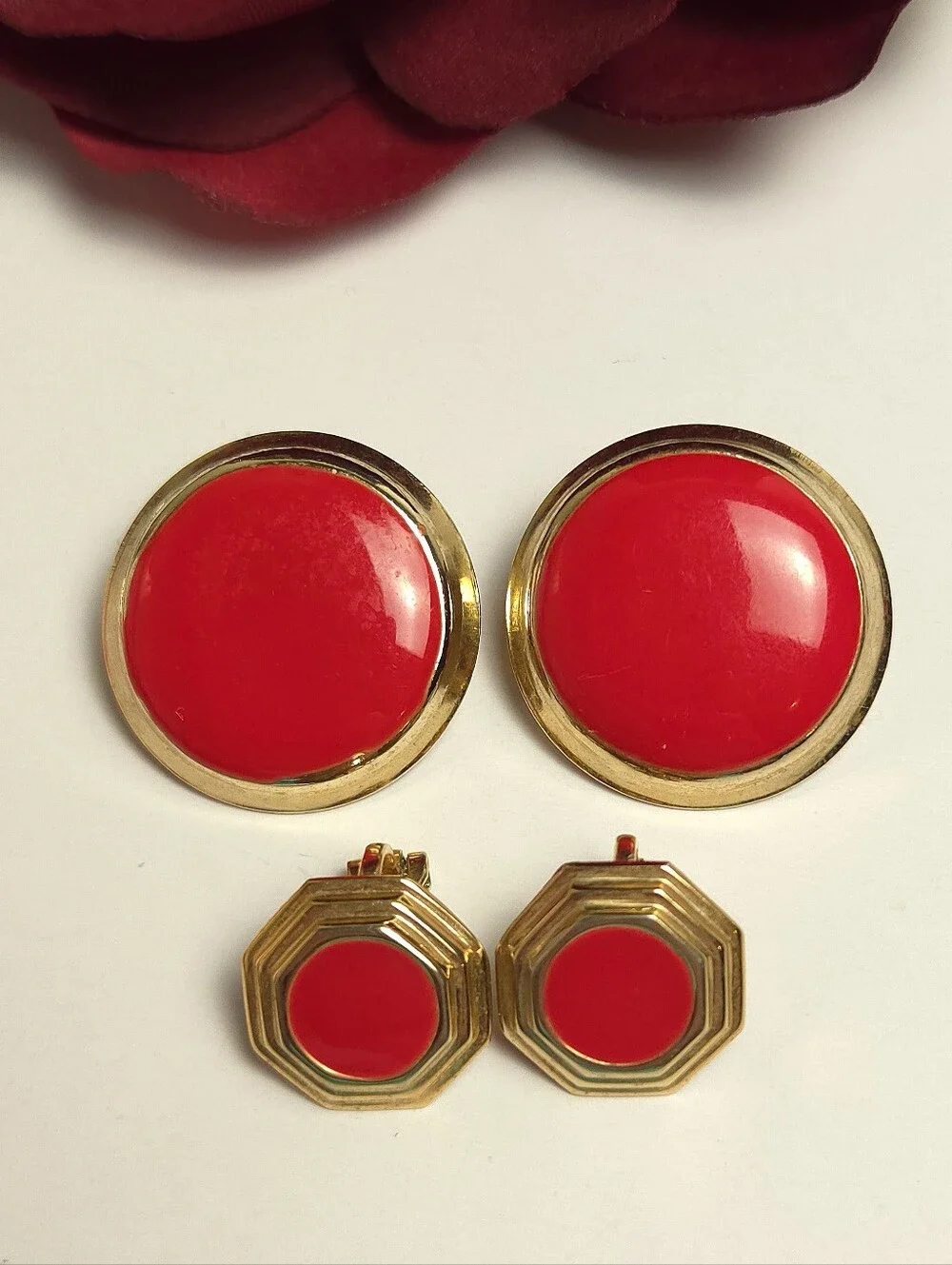 2 Vintage Lipstick Red & Gold Plated Clip on Earrings Circle & Small Hexagon